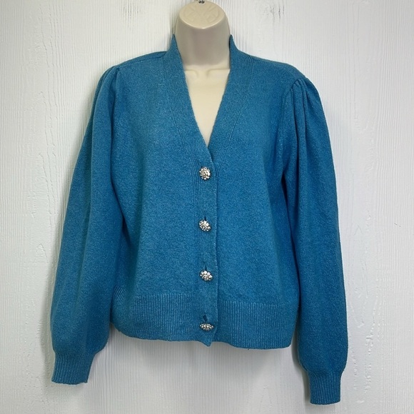 Loft - Blue Jewel Rhinestone Button Up Long Sleeve Cardigan Size Medium - Picture 2 of 11